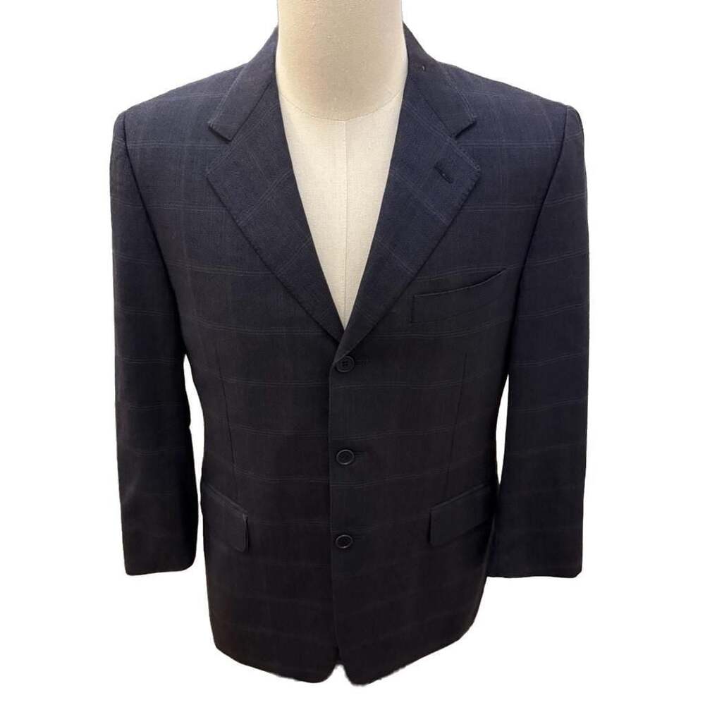 Canali Men's Three-Button Sport Coat Blazer in Dark Blue Windowpane Check Wool,
